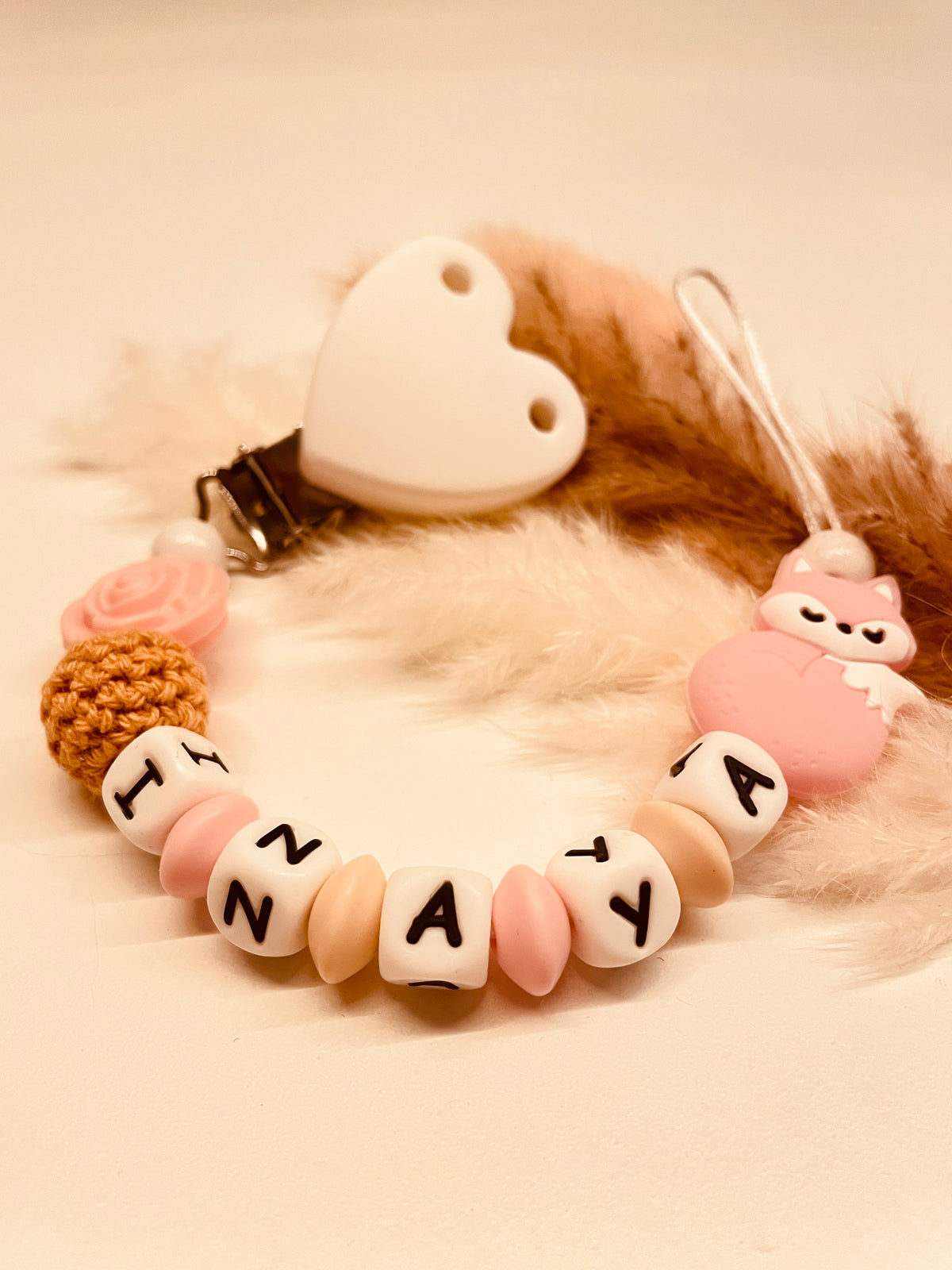 Schnullerkette personalisiert Fuchs mit Rose rosa weiß beige