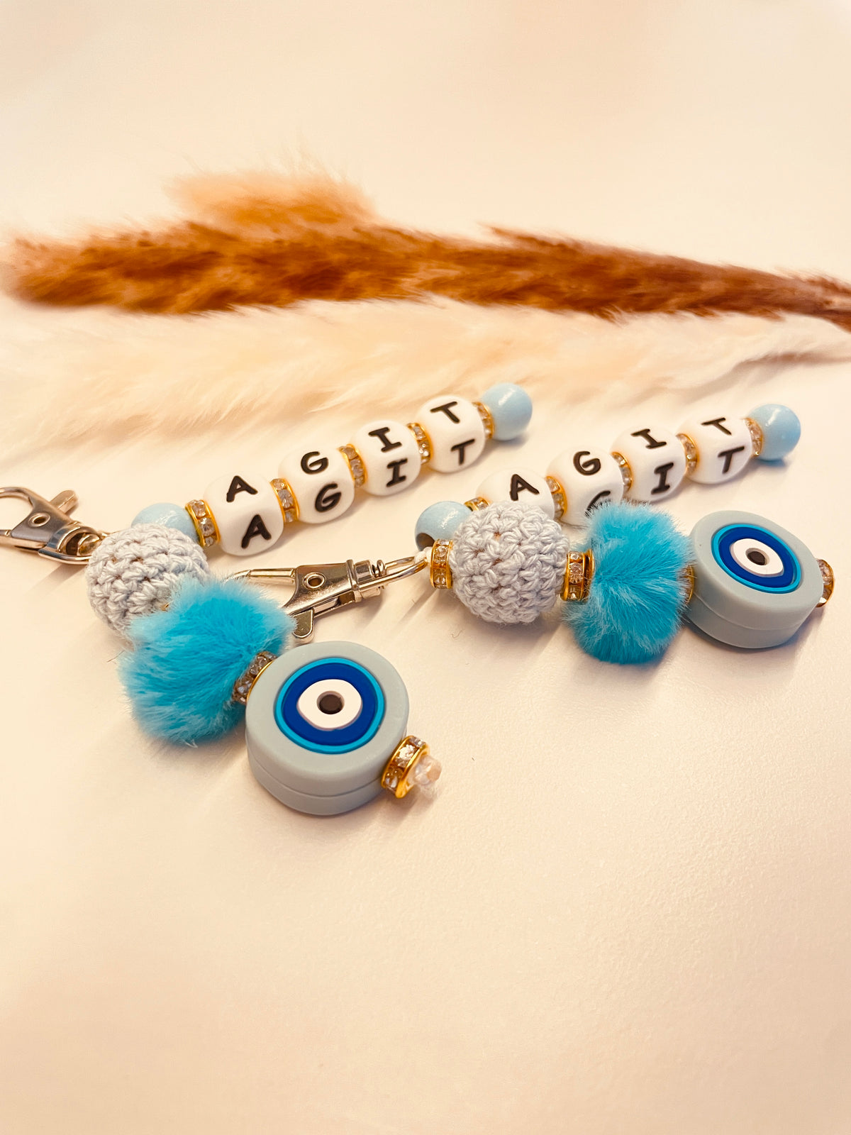 Schlüsselanhänger Auge von Nazar blau, personalisiert mit Namen