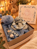 Geschenkbox 4-teilig kleiner Wal blau mit Schnuffeltuch, Schnullerkette personalisiert, Schlüsselanhänger beste Mama, Söckchen Geschenk Geburt Baby