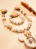 Schnullerkette, Kinderwagenkette personalisiert beige weiß Blume Maus