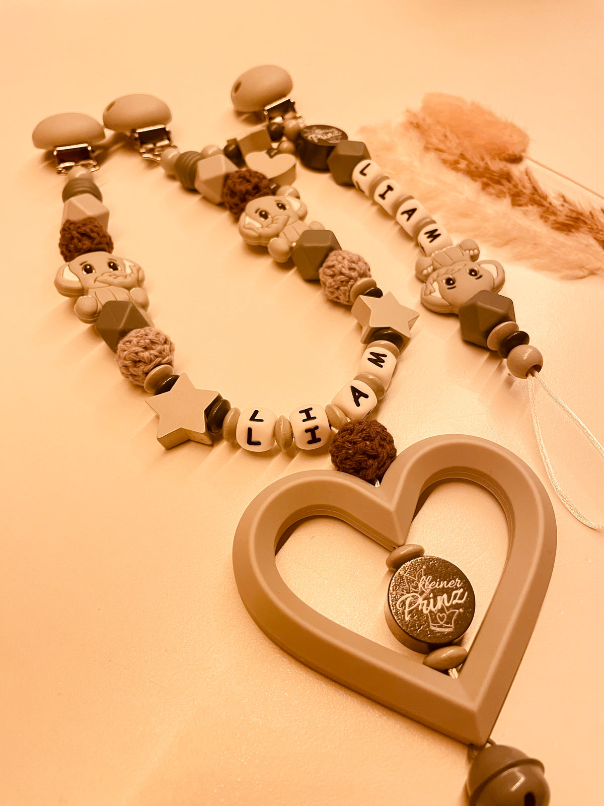 Schnullerkette Kinderwagenkette mit Namen personalisiert Elefant grau