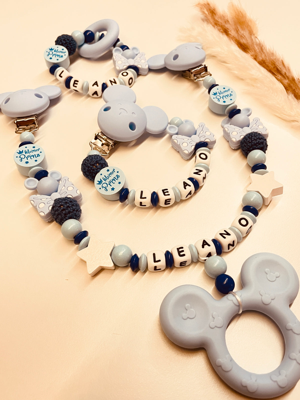 Schnullerkette Set Maus kleiner Prinz blau personalisiert mit Namen handgefertigt 3-teilig
