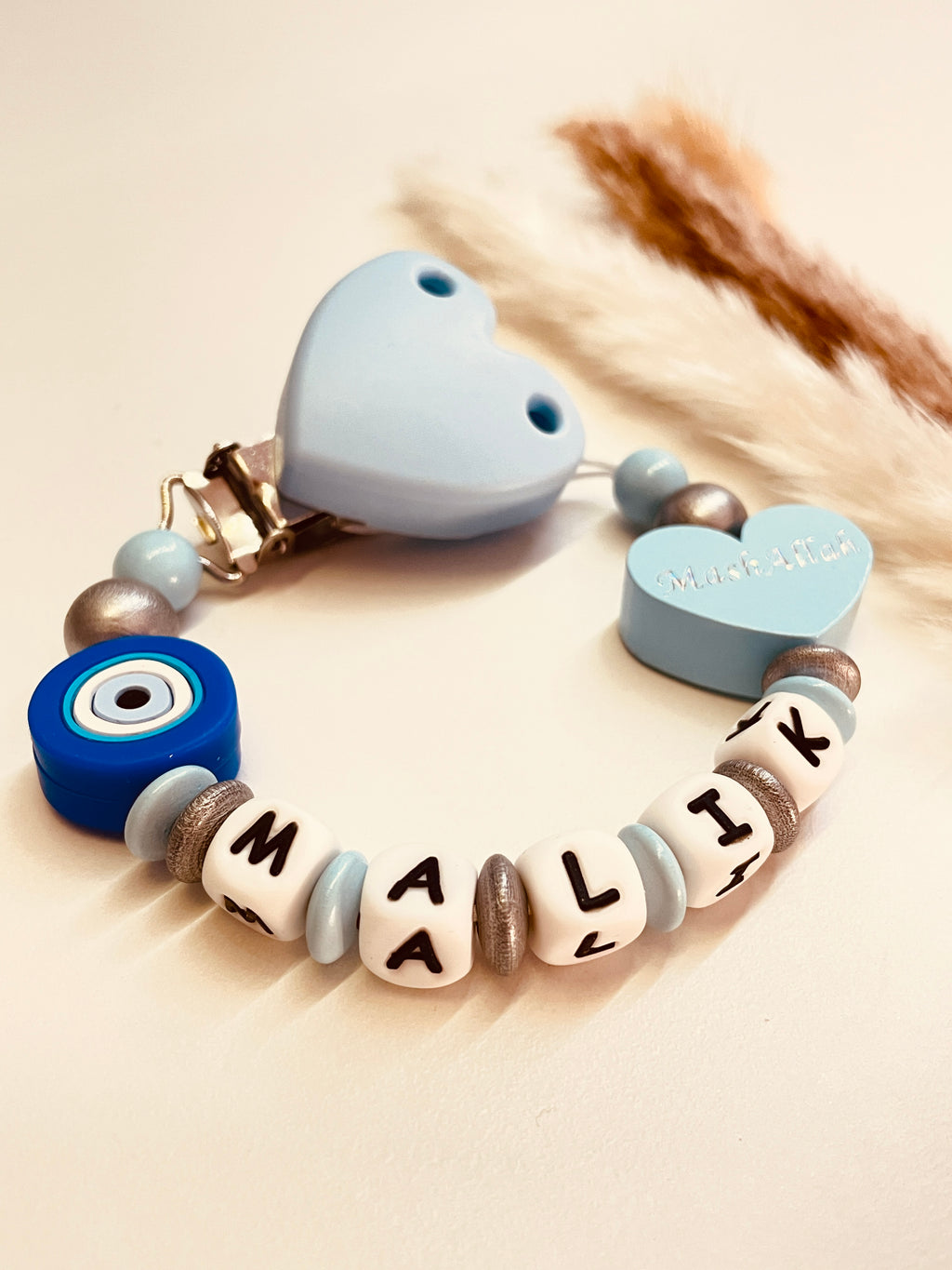 Schnullerkette Mashallah Herz mit Auge Nazar, personalisiert mit Namen