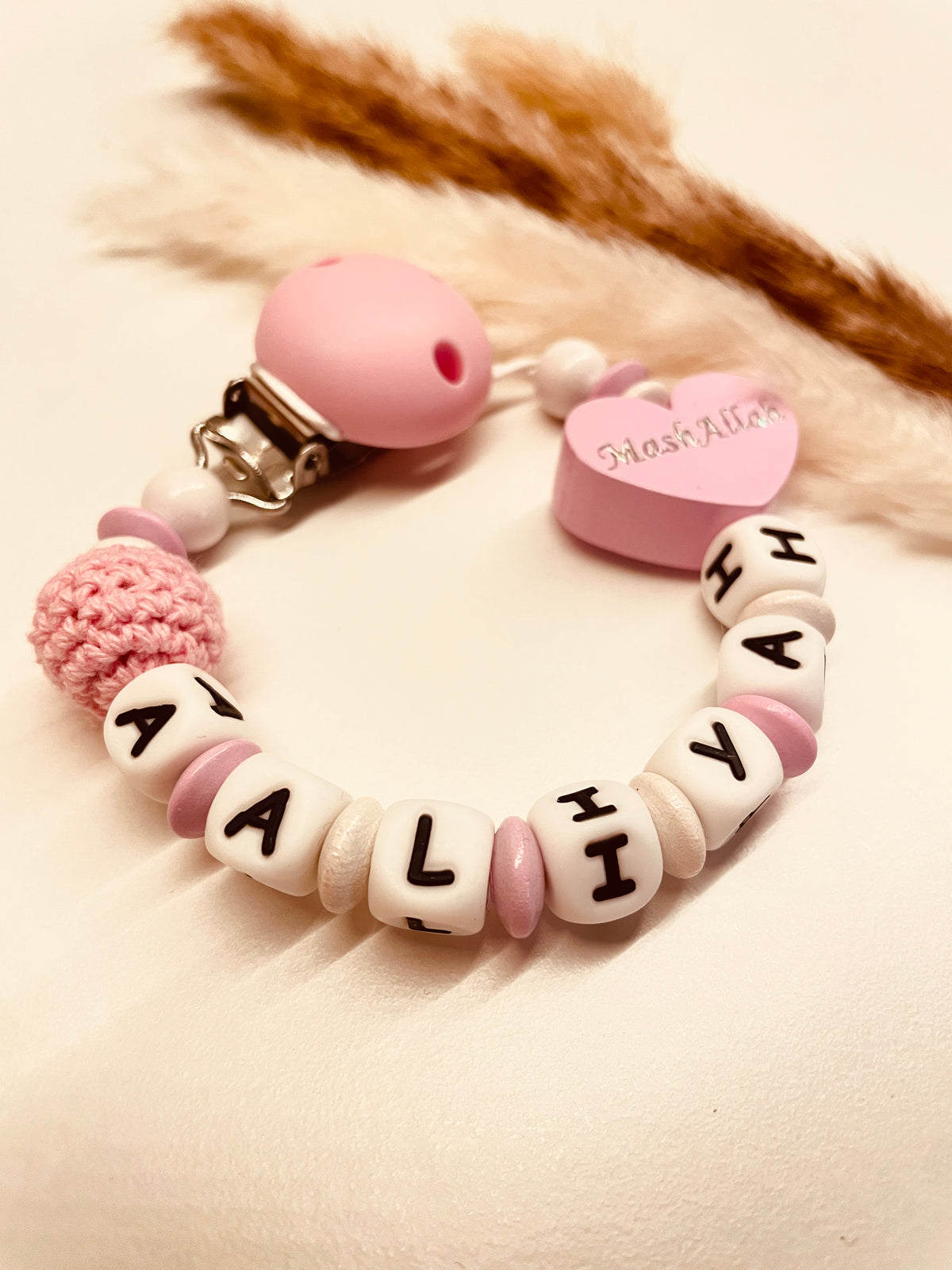 Schnullerkette Mashallah rosa weiß, personalisiert mit Namen