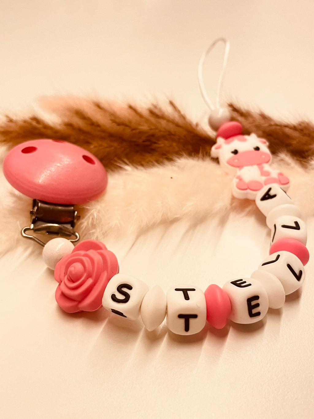 Schnullerkette Kuh Rose pink weiß 12,90€, statt 17,90€