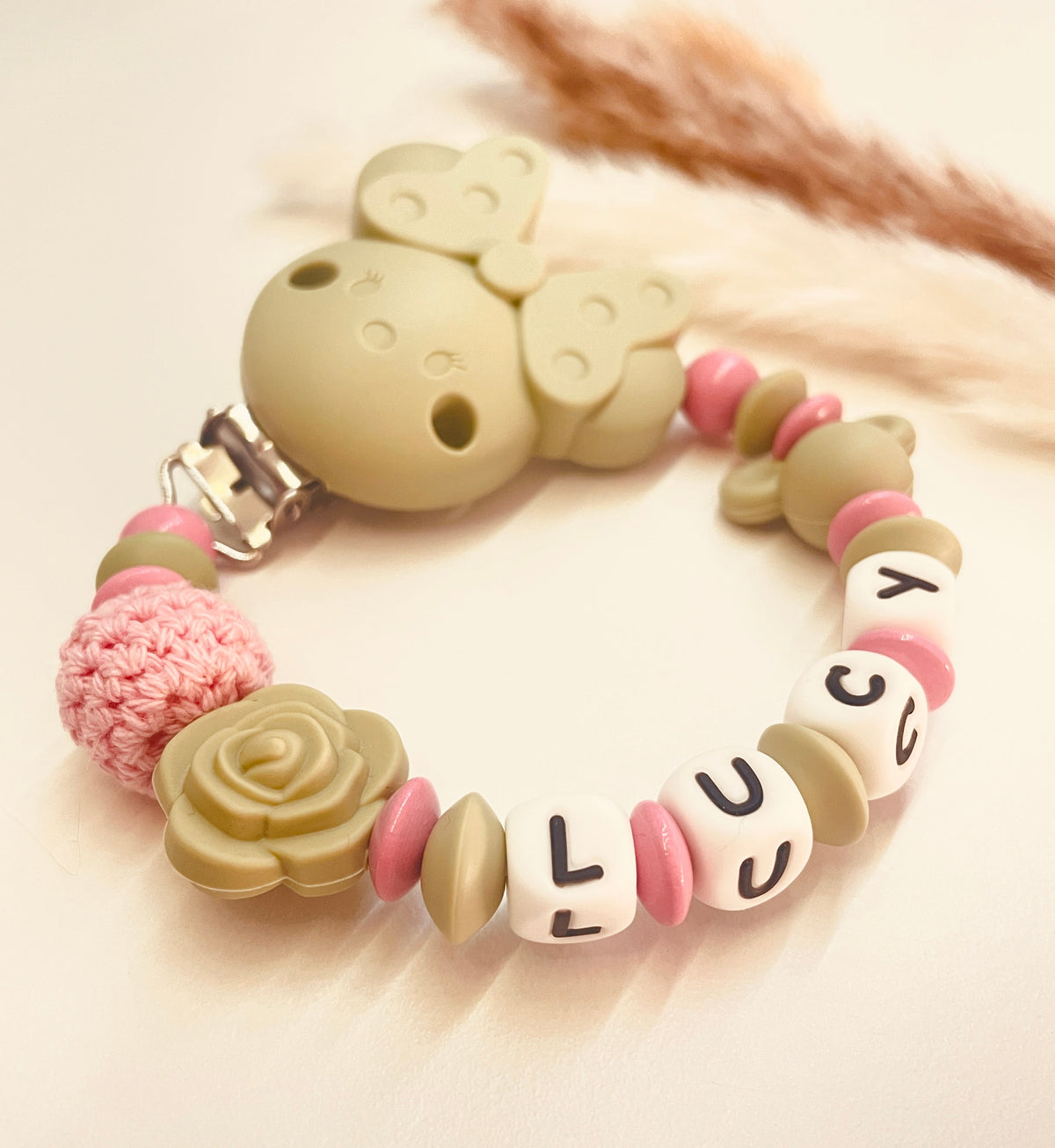 Schnullerkette Maus mit Rose lint rosa personalisiert handgefertigt Babygeschenk Mädchen