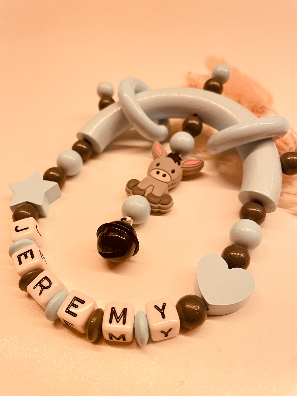 Schnullerkette Kinderwagenkette Greifring personalisiert mit Namen Esel blau/grau