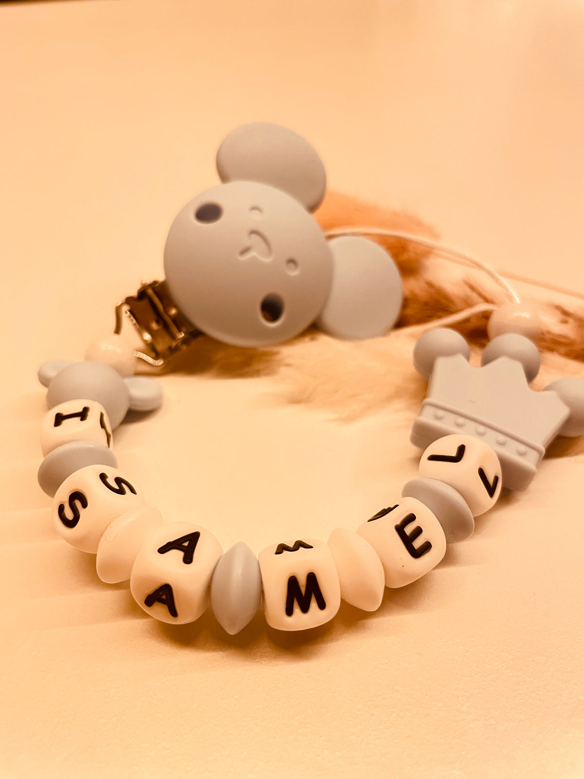 Schnullerkette Kinderwagenkette Greifring Maus blau/weiß