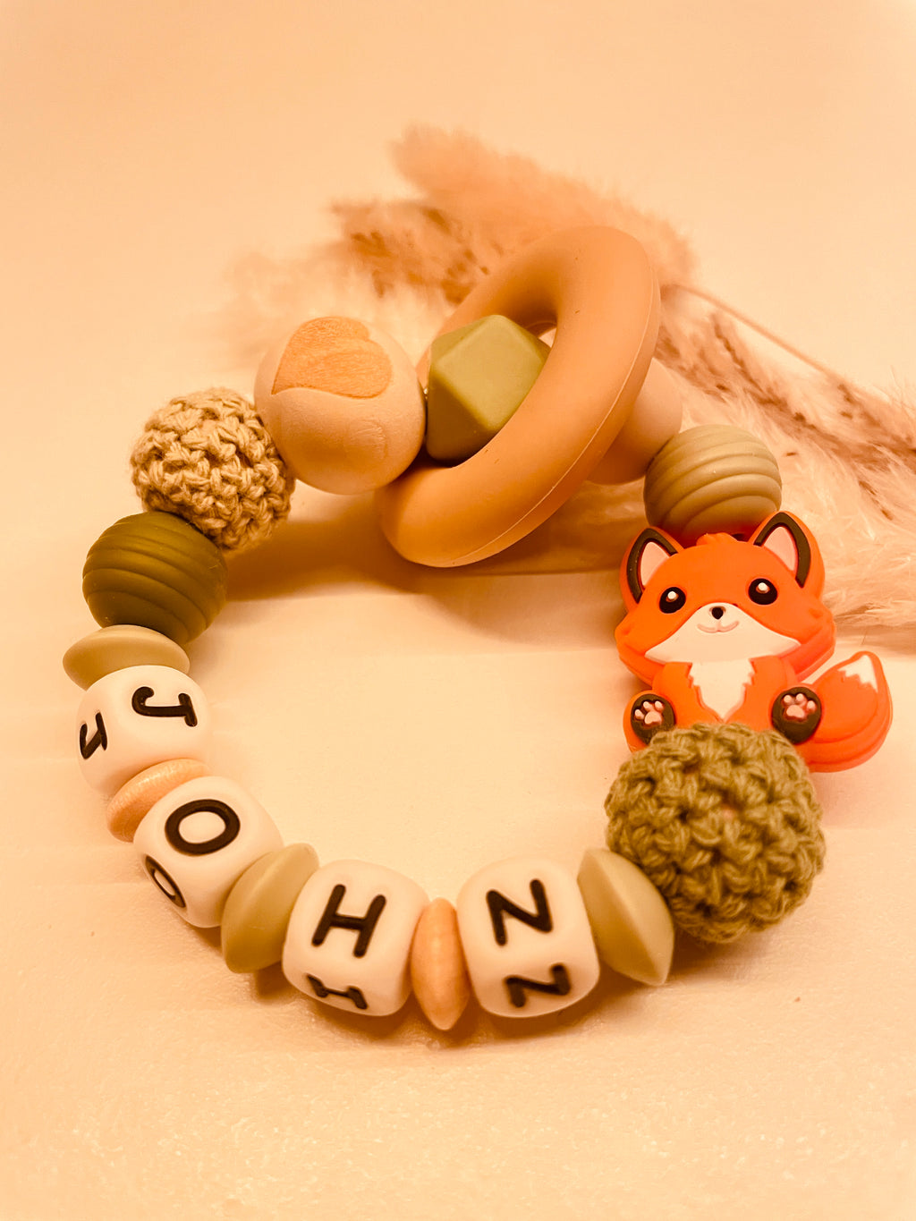 Schnullerkette Kinderwagenkette Greifring Babyschalenanhänger Schlüsselanhänger Fuchs grün beige