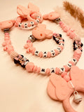 Schnullerkette, Kinderwagenkette, Greifring personalisiert Maus Figur rosa