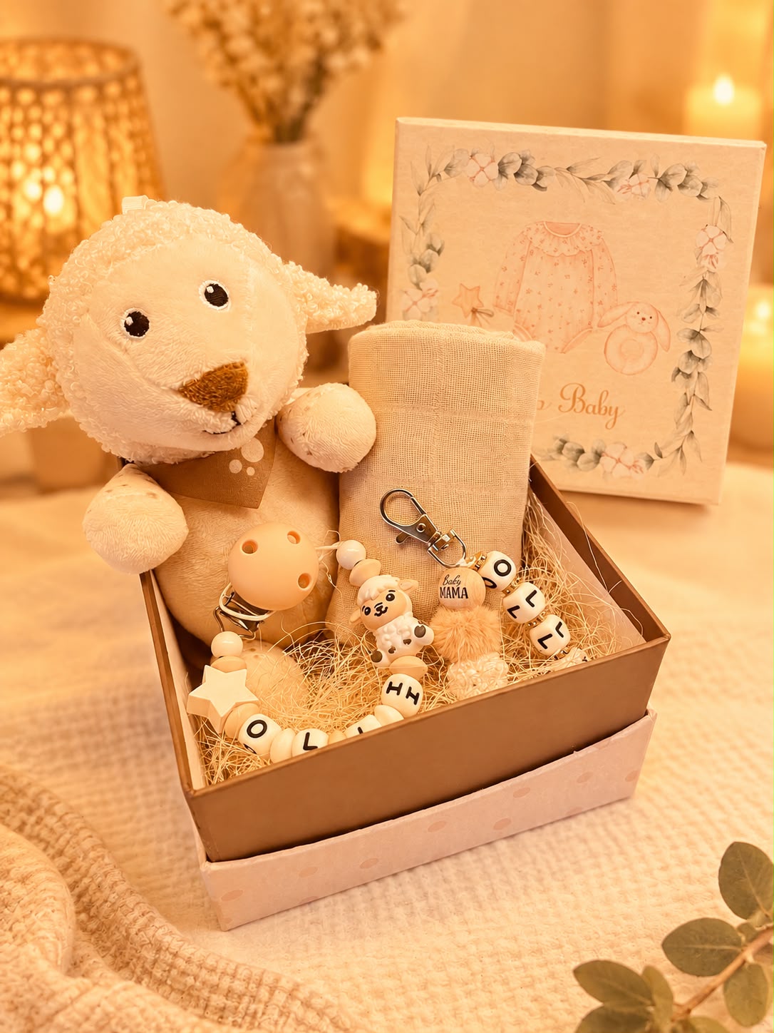 Geschenkbox 4-teilig mit Spieluhr, Schnullerkette mit Namen, Schlüsselanhänger, Spucktuch