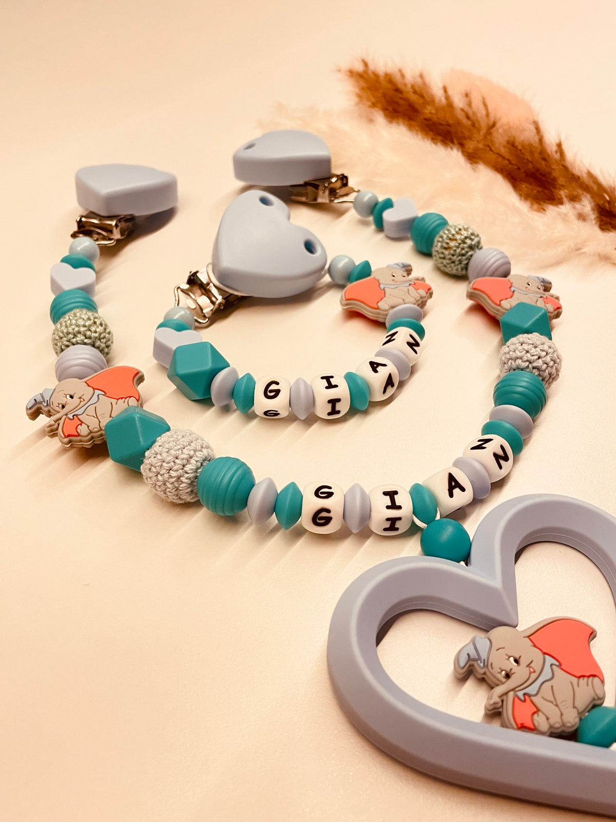 Schnullerkette, Kinderwagenkette Elefant blau türkis