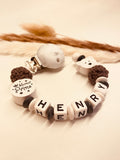 Schnullerkette Bär kleiner Prinz weiß grau, personalisiert mit Namen