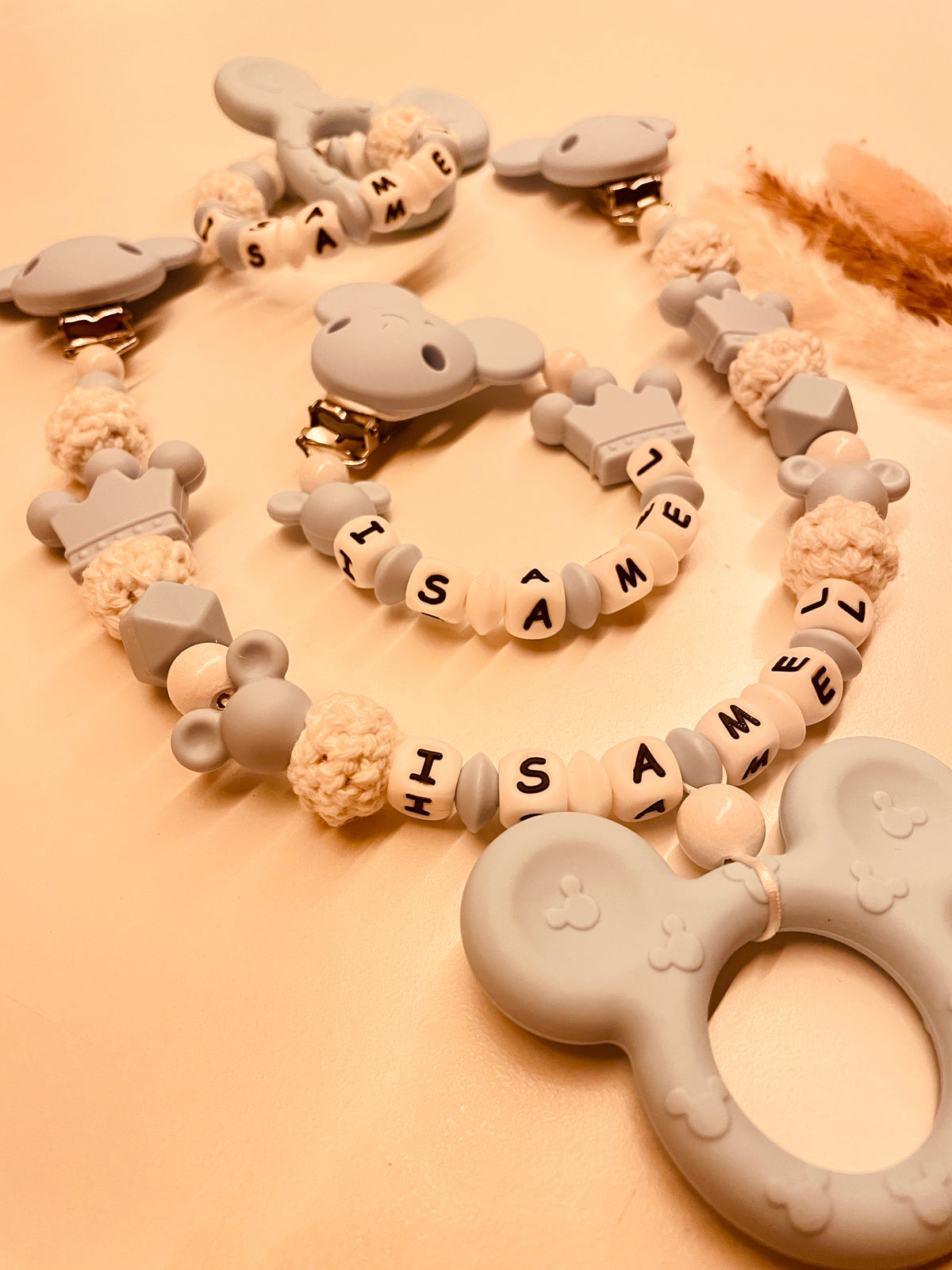 Schnullerkette Kinderwagenkette Greifring Maus blau/weiß