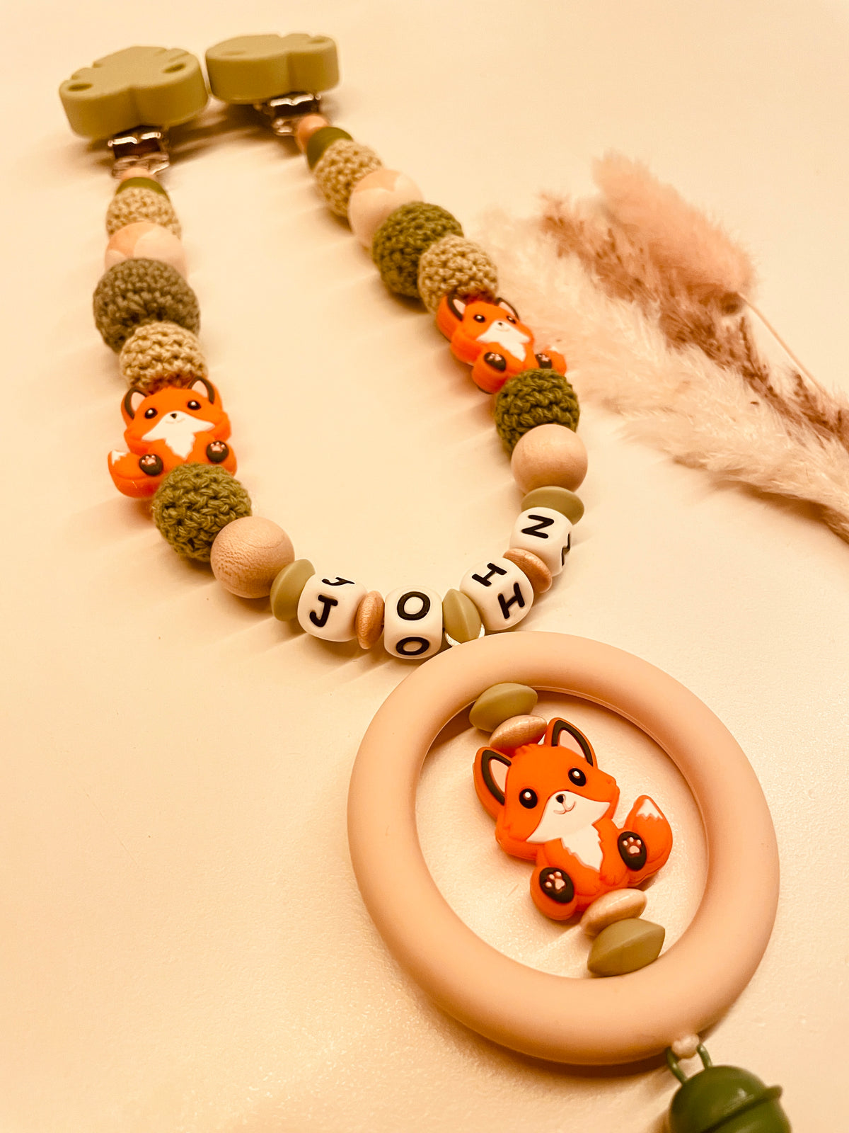 Schnullerkette Kinderwagenkette Greifring Babyschalenanhänger Schlüsselanhänger Fuchs grün beige