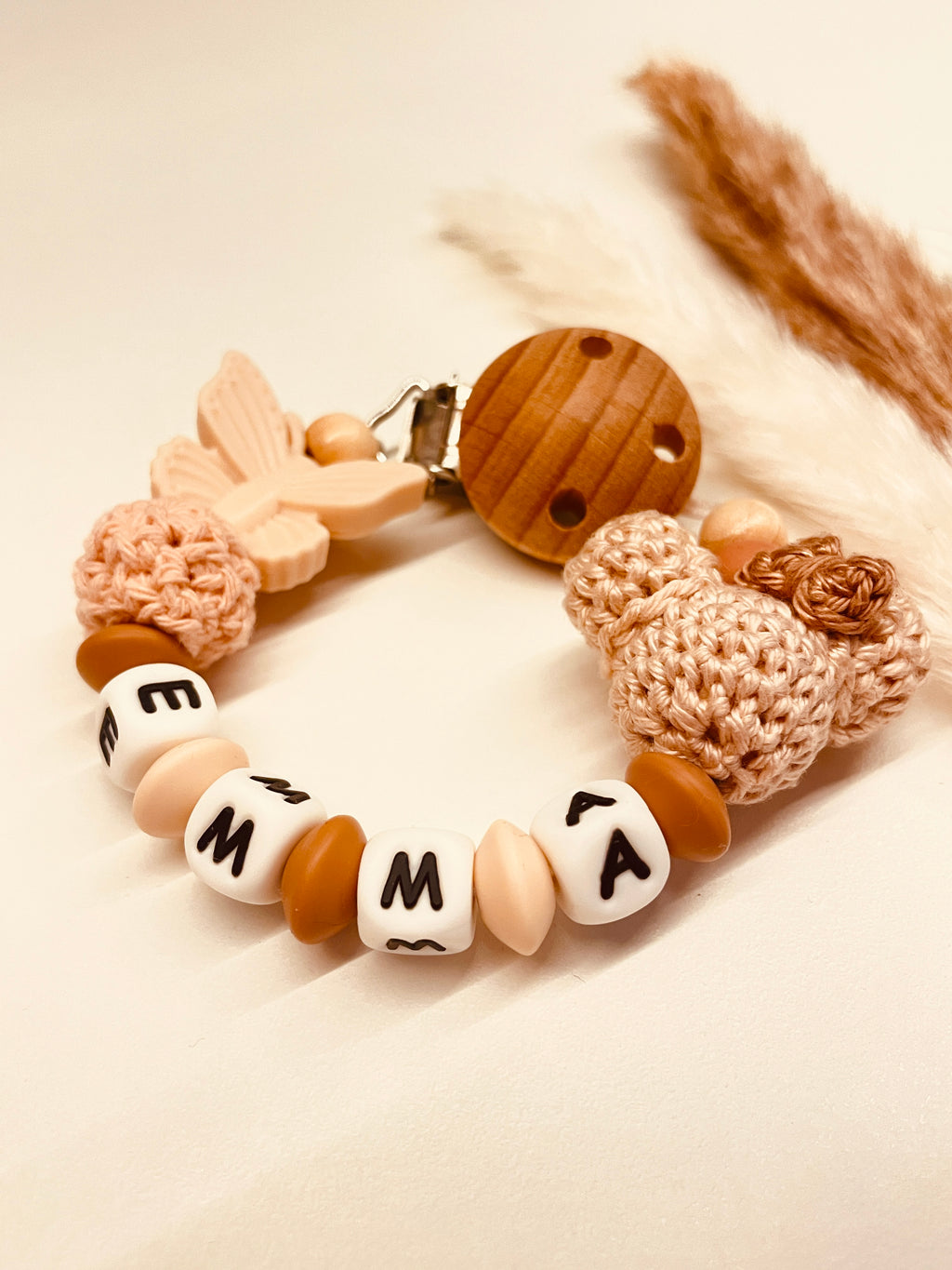 Kinderwagenkette Greifring Maus Schmetterling Set braun peach personalisierbar
