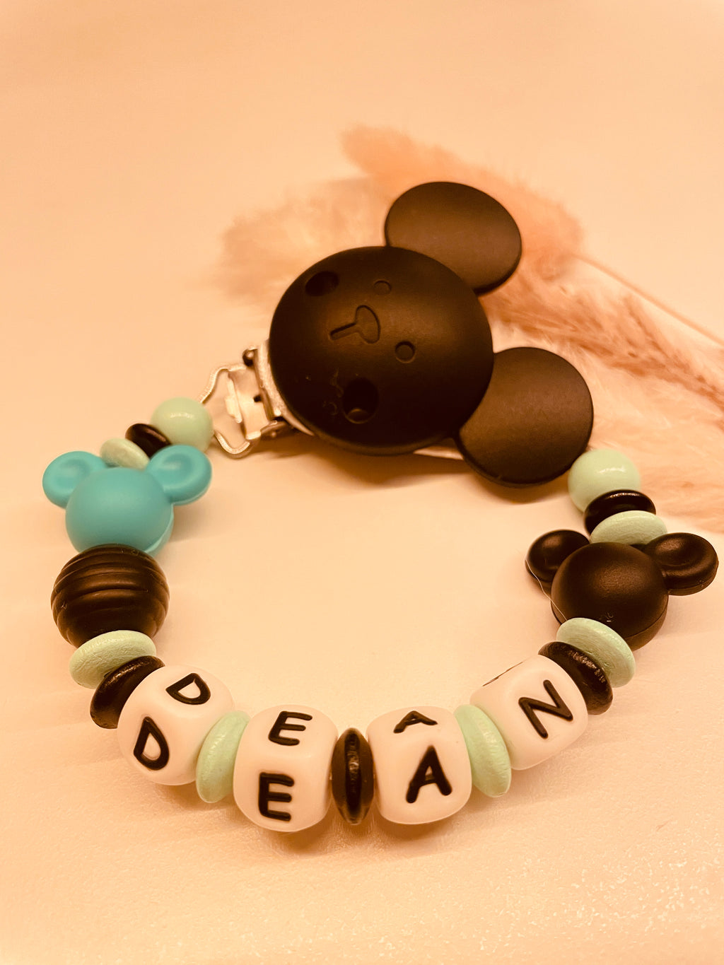 Schnullerkette Kinderwagenkette personalisiert Maus mint schwarzGeschenk Baby Schnullerkette mit Namen