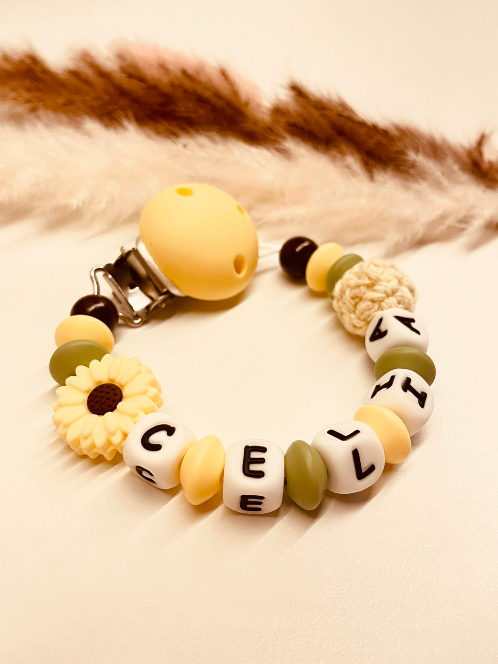 Schnullerkette Sonnenblume gelb grün personalisiert mit Namen Baba Geschenk Geburt