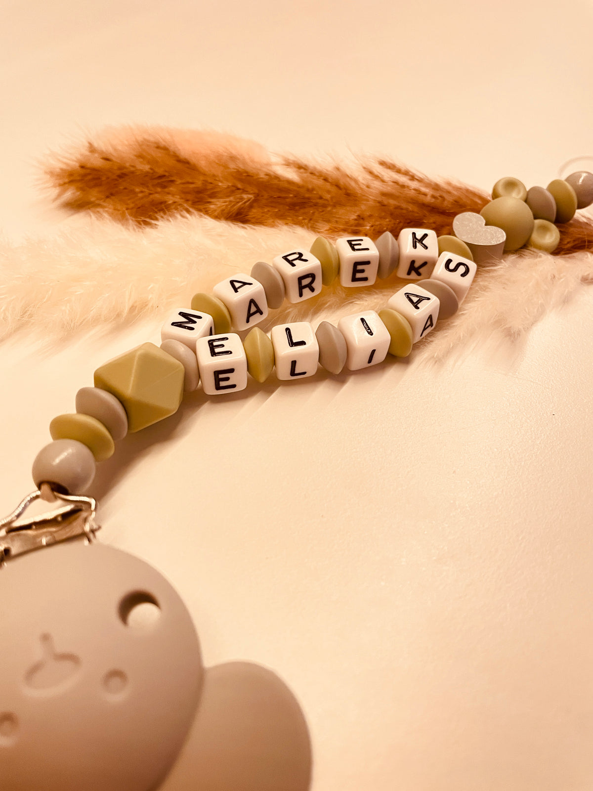 Schnullerkette personalisiert Maus grau lint