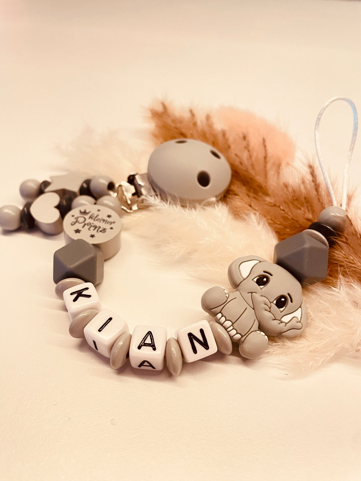 Schnullerkette personalisiert Elefant grau kleiner Prinz