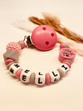 Schnullerkette kleine Schwester rosa pink grau, personalisiert mit Namen