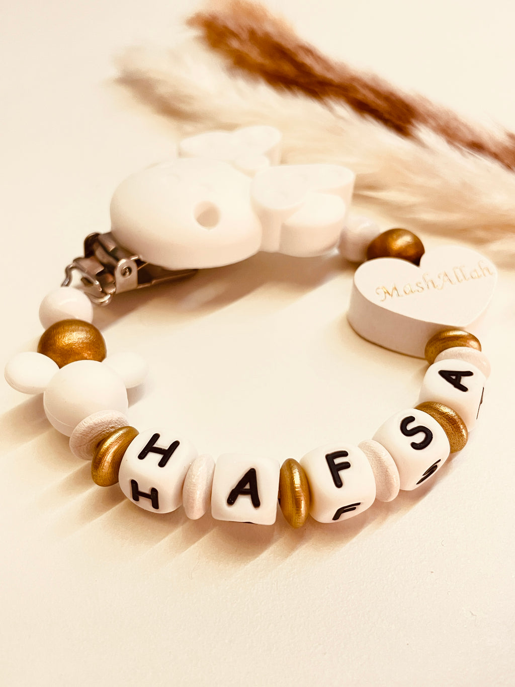 Schnullerkette Maus Mashallah Herz weiß gold personalisiert handgefertigt islamisches Babygeschenk