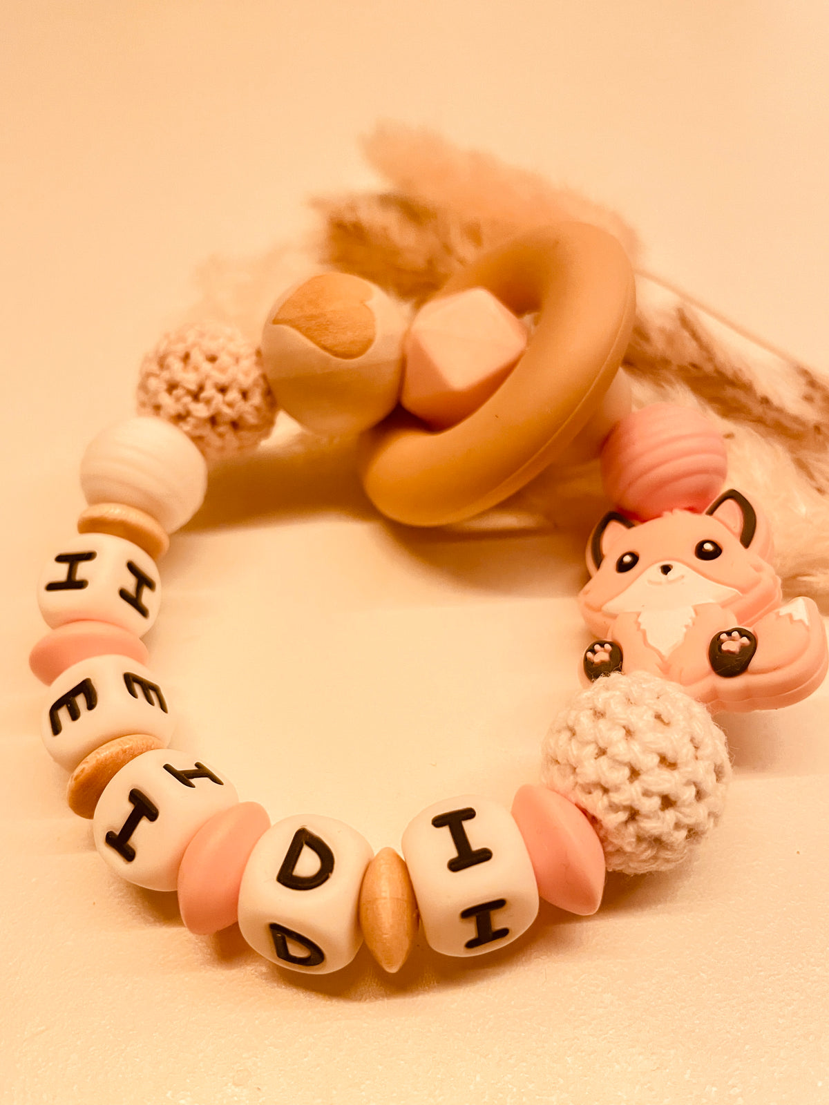 Schnullerkette Kinderwagenkette Greifring Babyschalenanhänger Schlüsselanhänger Fuchs rosa beige