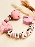 Schnullerkette Maus mit Schleife Mashallah Herz rosa silber personalisiert handgefertigt islamisches Babygeschenk Mädchen