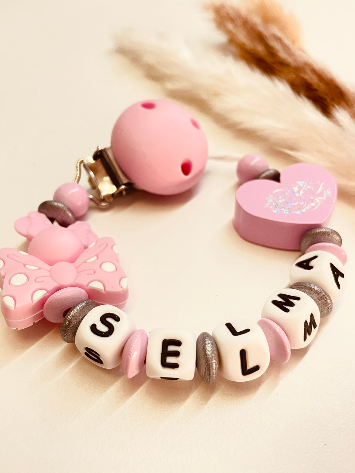 Schnullerkette Maus mit Schleife Mashallah Herz rosa silber personalisiert handgefertigt islamisches Babygeschenk Mädchen