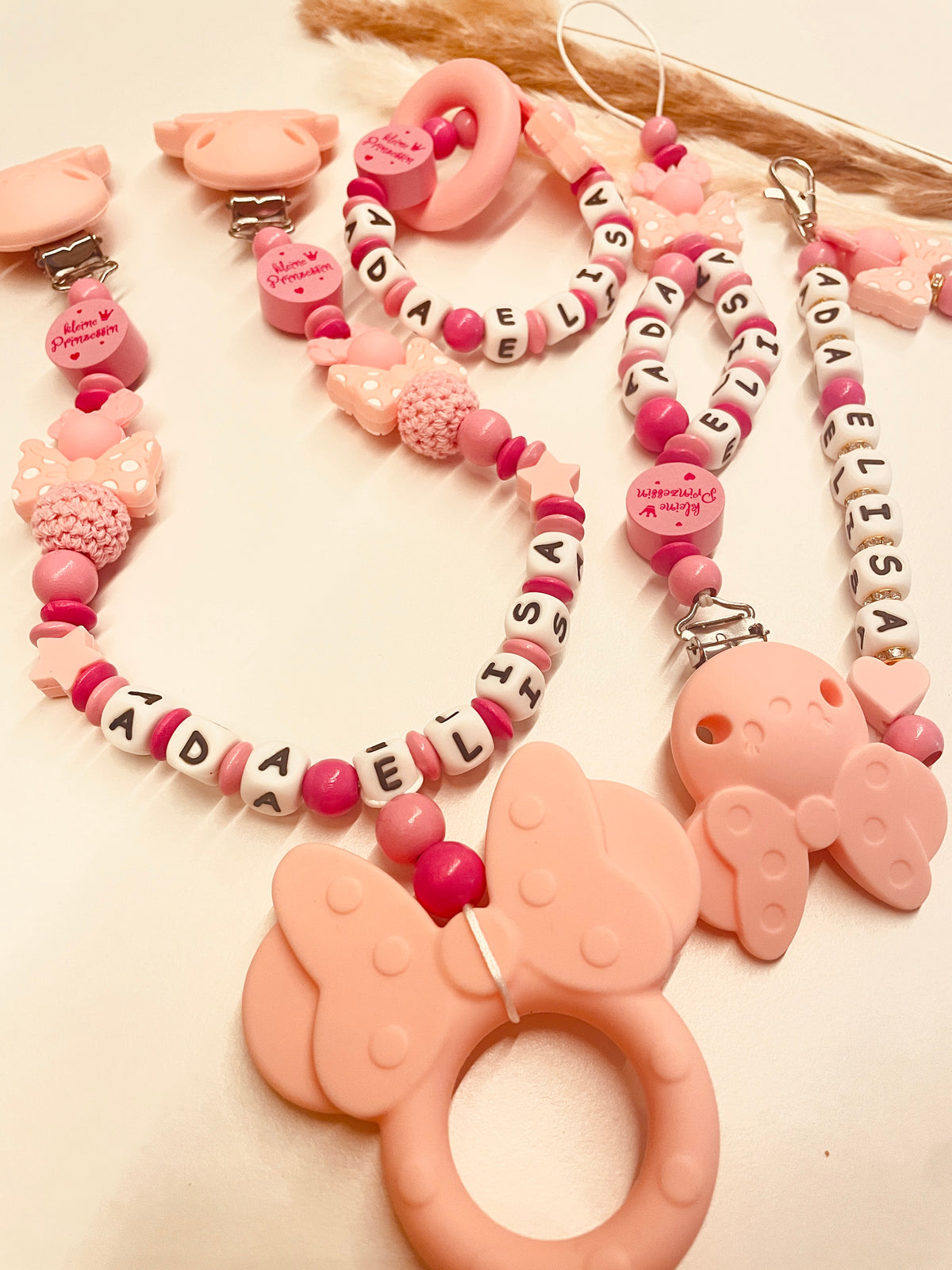 Schnullerkette, Kinderwagenkette, Greifring Schlüsselanhänger Maus rosa pink, personalisiert