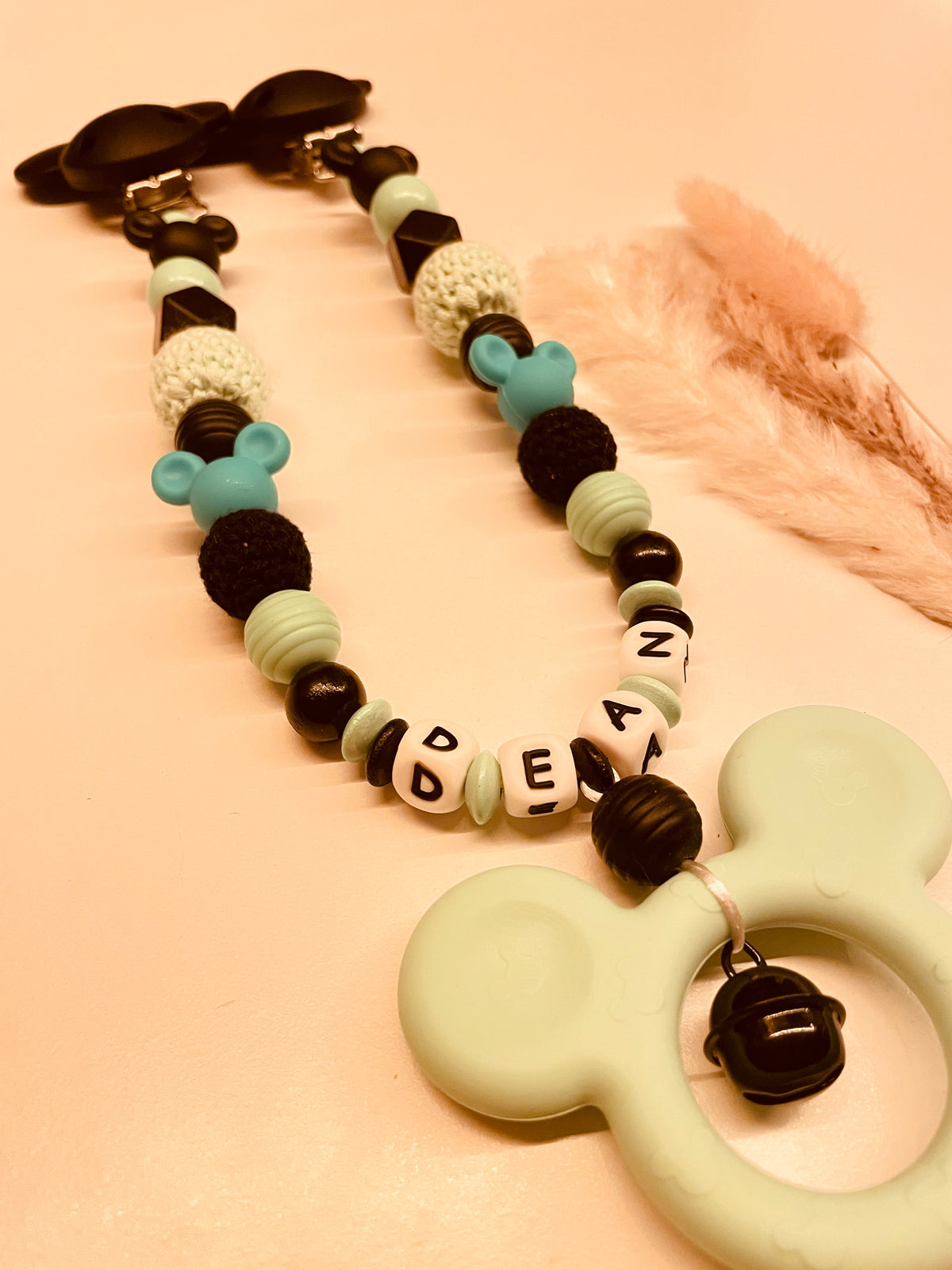 Schnullerkette Kinderwagenkette personalisiert Maus mint schwarz Geschenk Baby