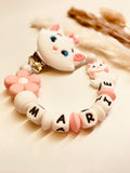 Schnullerkette Katze rosa weiß, personalisiert mit Namen