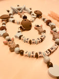 Schnullerkette Kinderwagenkette Greifring personalisiert mit Namen Esel blau/grau