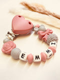 Schnullerkette Maus mit Rose grau altrosa personalisiert handgefertigt Babygeschenk
