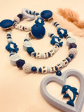 Schnullerkette, Kinderwagenkette, Greifring Delfin kleiner Prinz blau