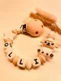Schnullerkette mit Namen personalisiert Schaf mit Stern weiß beige