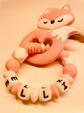 Greifring Fuchs rosa grau Baby, Geschenk, personalisiert 