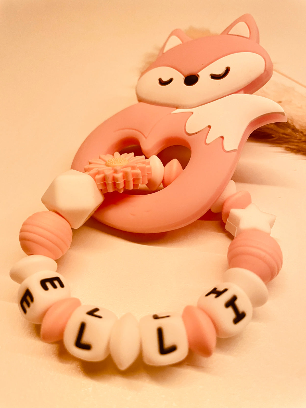 Greifring Fuchs rosa grau Baby, Geschenk, personalisiert 