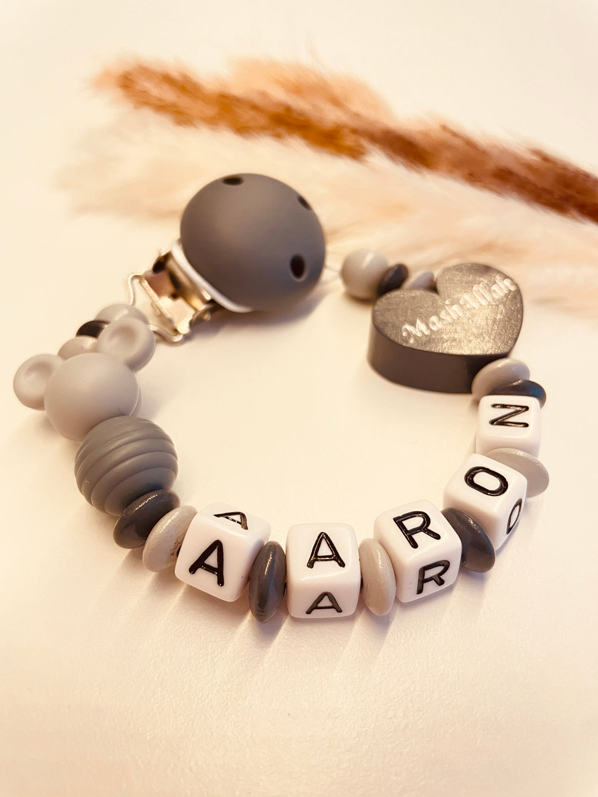 Schnullerkette Mashallah Maus grau, personalisiert mit Namen