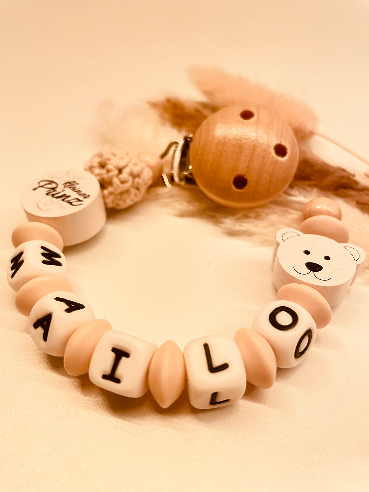 Schnullerkette personalisiert mit Namen Bär Teddy kleiner Prinz Baby Geburt 
