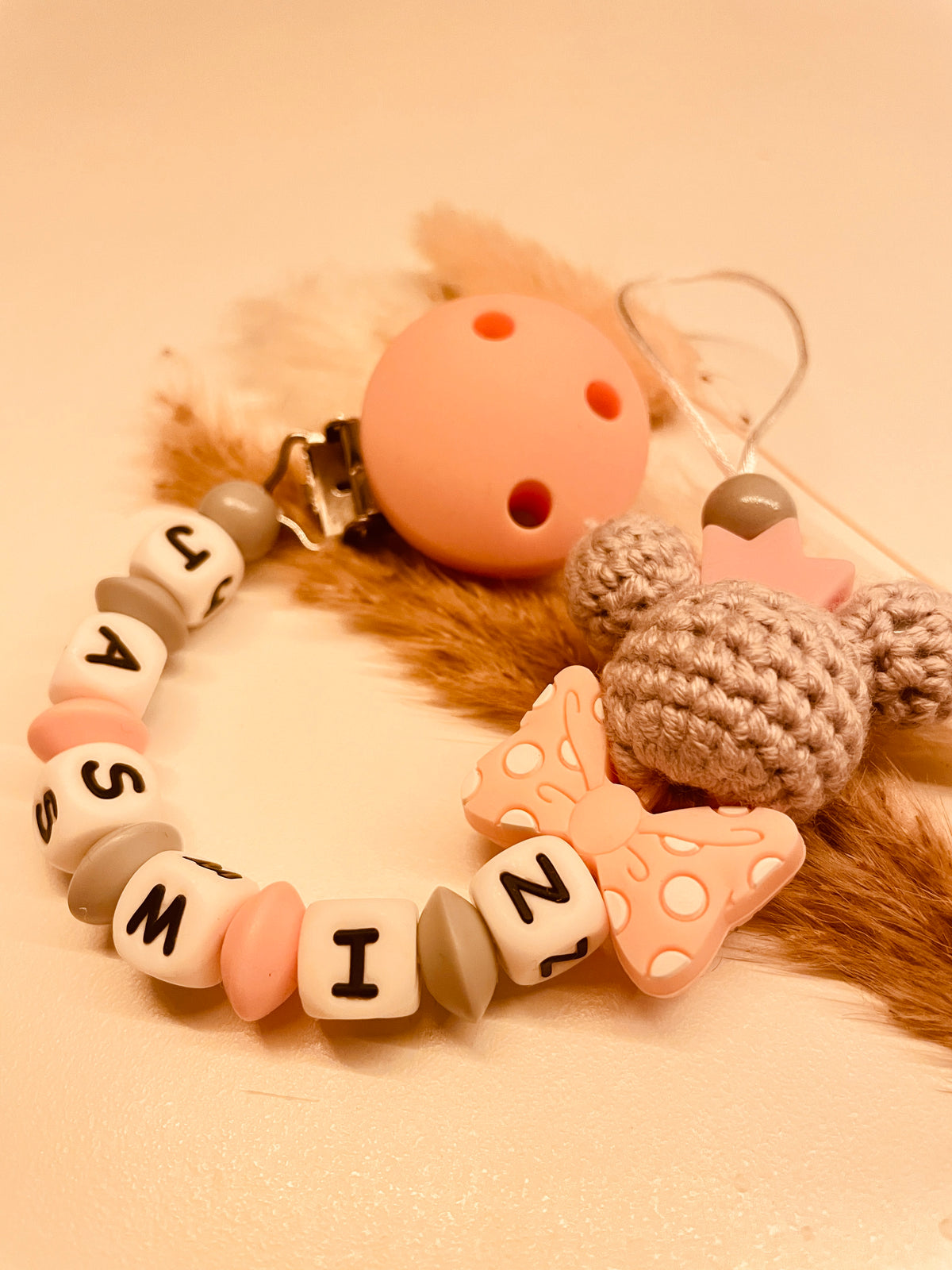 Schnullerkette Kinderwagenkette Greifring Maus grau/rosa