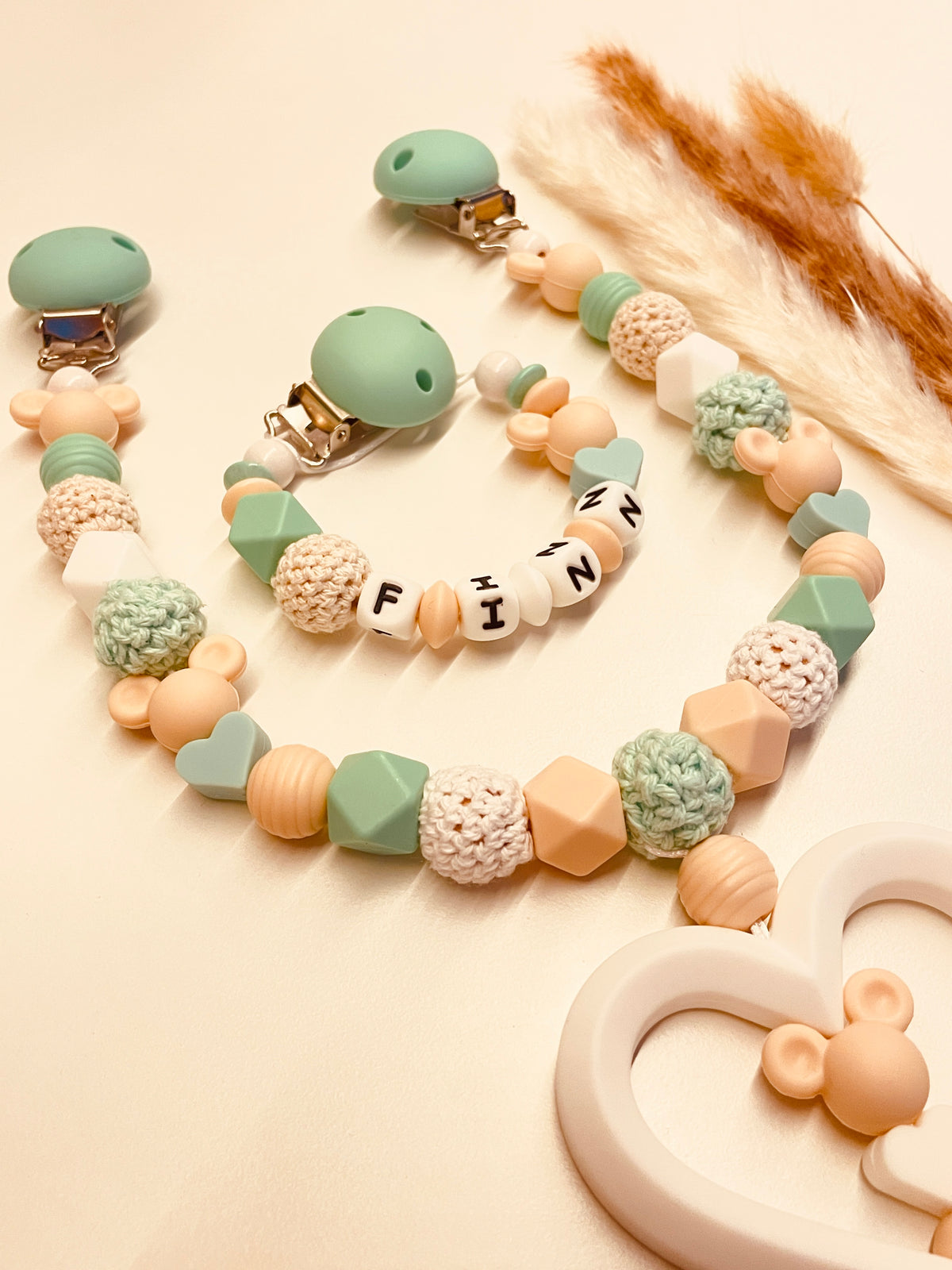 Schnullerkette, Kinderwagenkette Maus mint beige