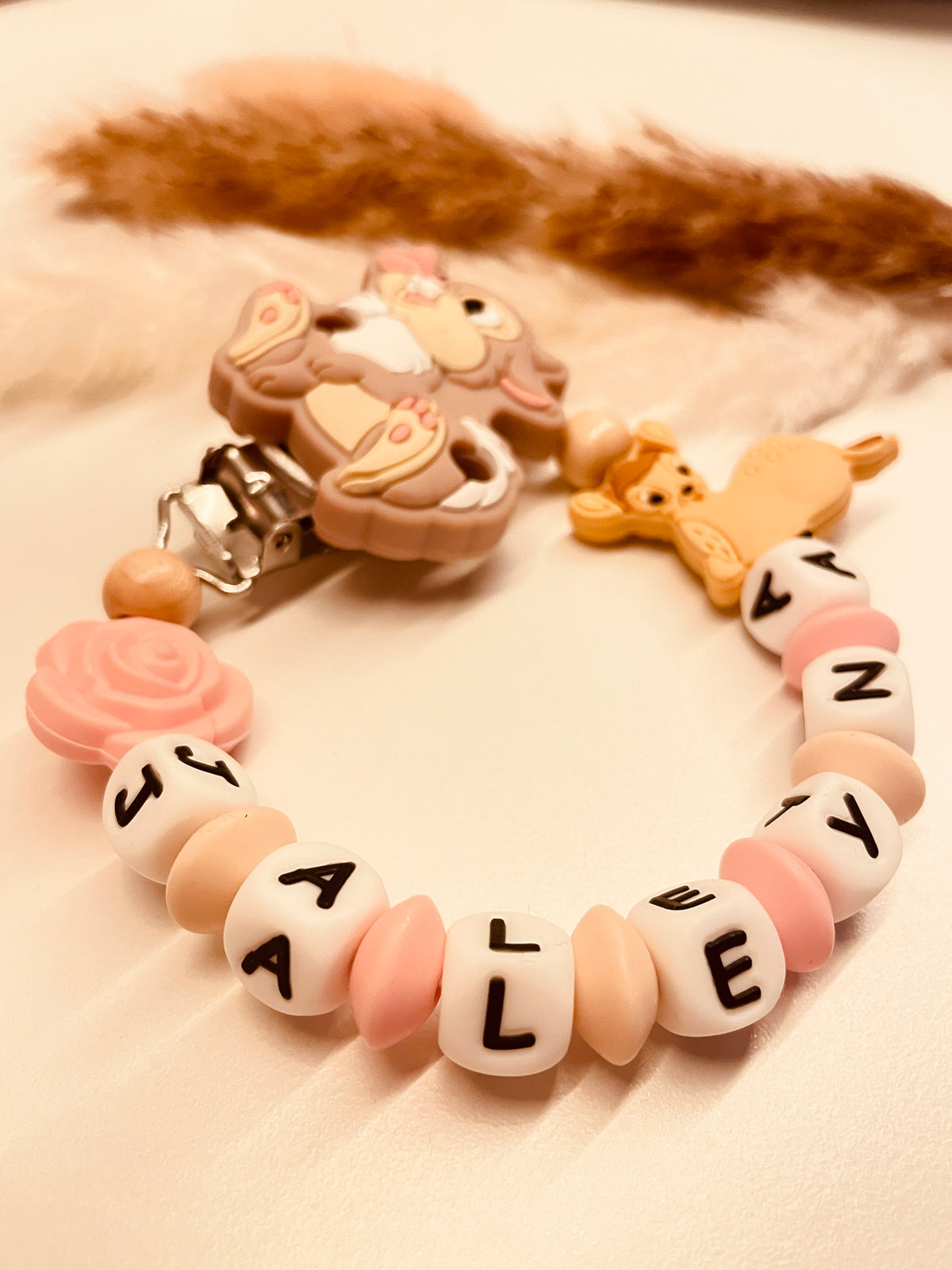 Schnullerkette Hase mit Reh rosa beigevGeschenk Geburt Mädchen