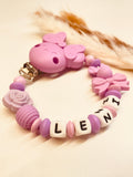 Schnullerkette Maus mit Schleife und Rose lila personalisiert handgefertigt Babygeschenk