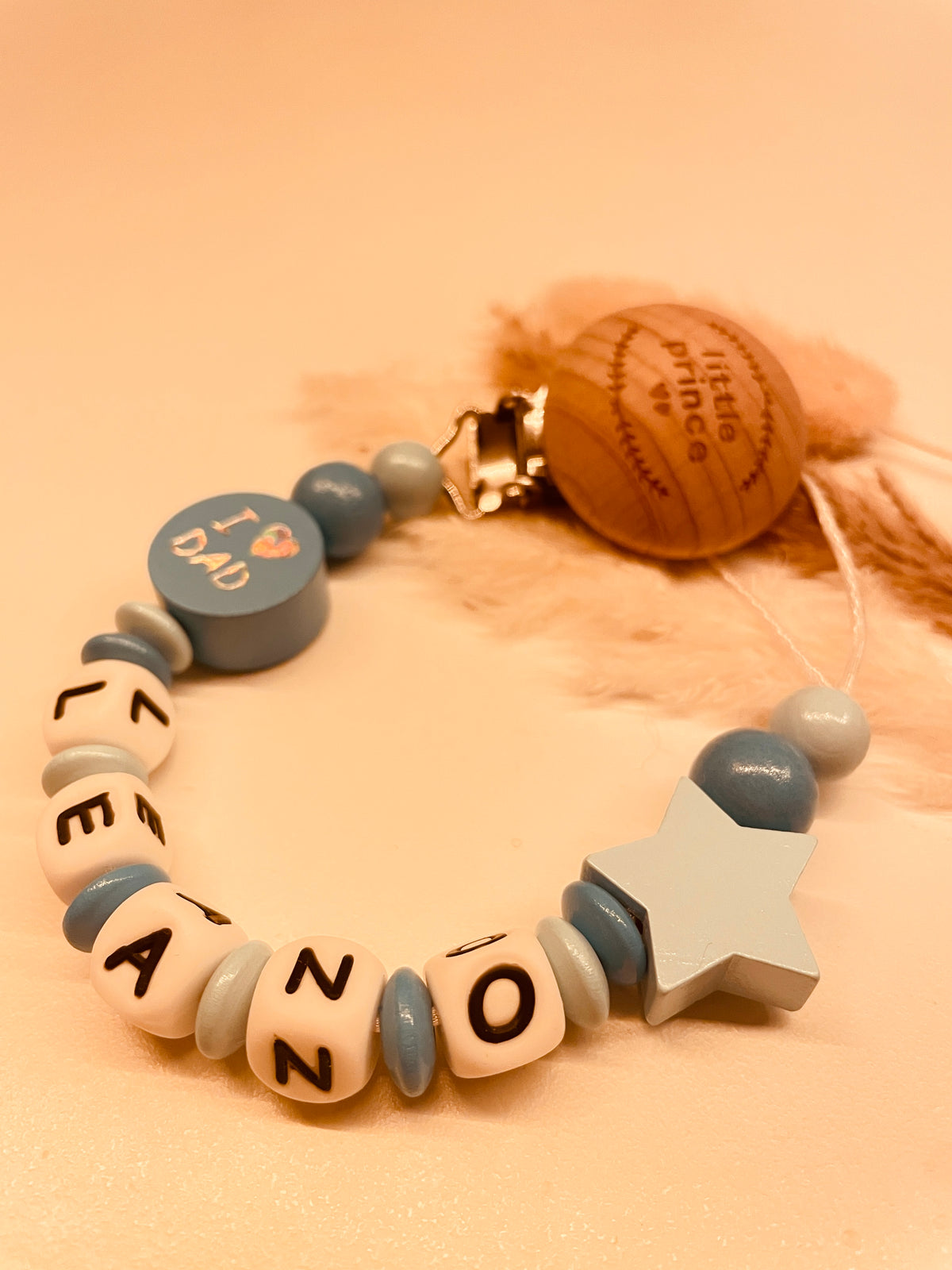 Schnullerkette mit Namen personalisiert blau i love dad little Prince