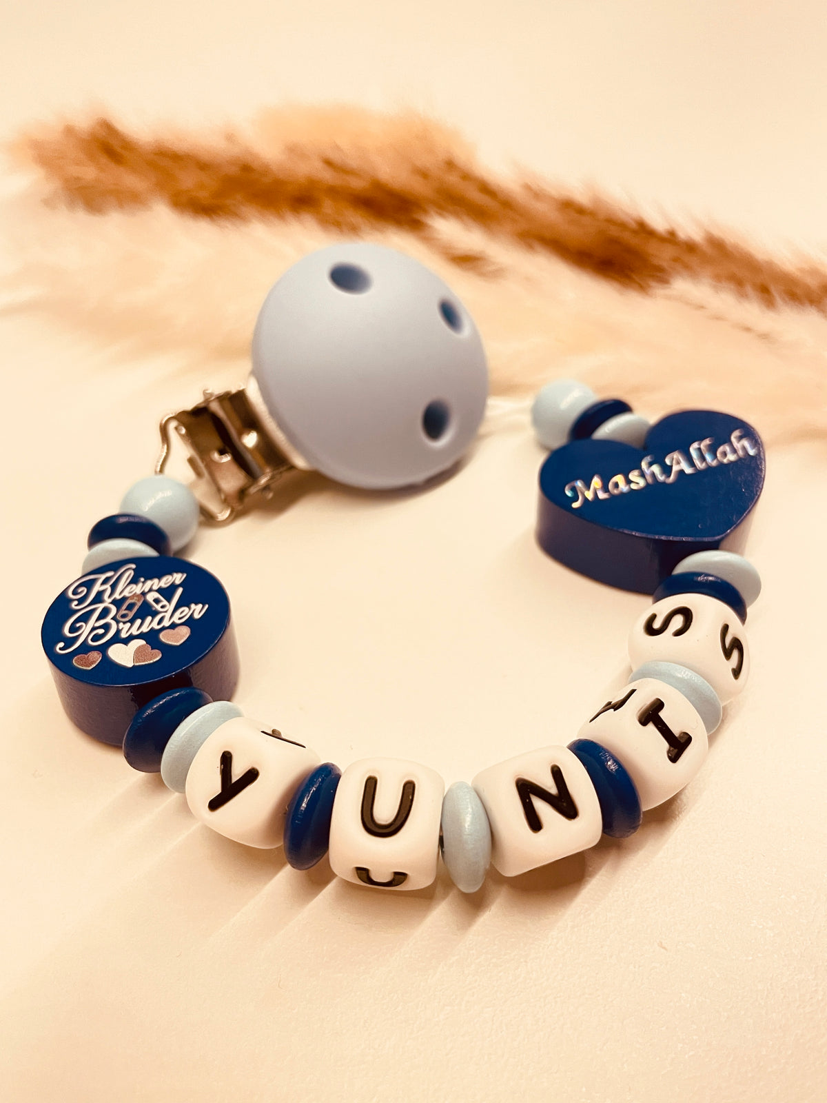 Schnullerkette Mashallah kleiner Bruder blau, personalisiert mit Namen