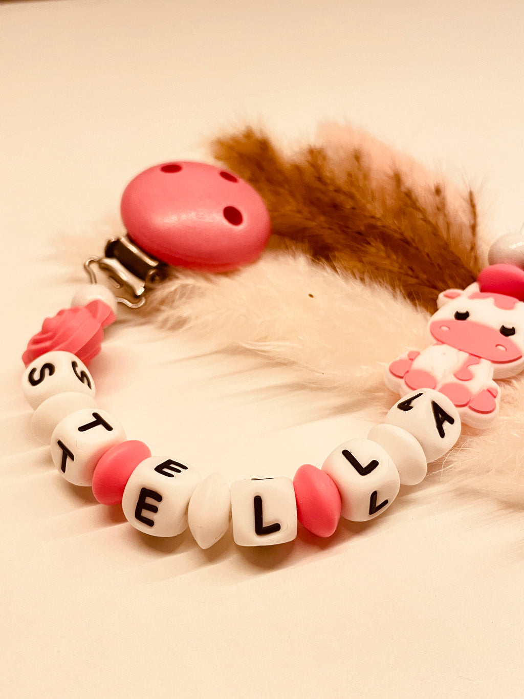 Schnullerkette Kuh Rose pink weiß Bauernhof Geschenk Baby personalisiert mit Namen