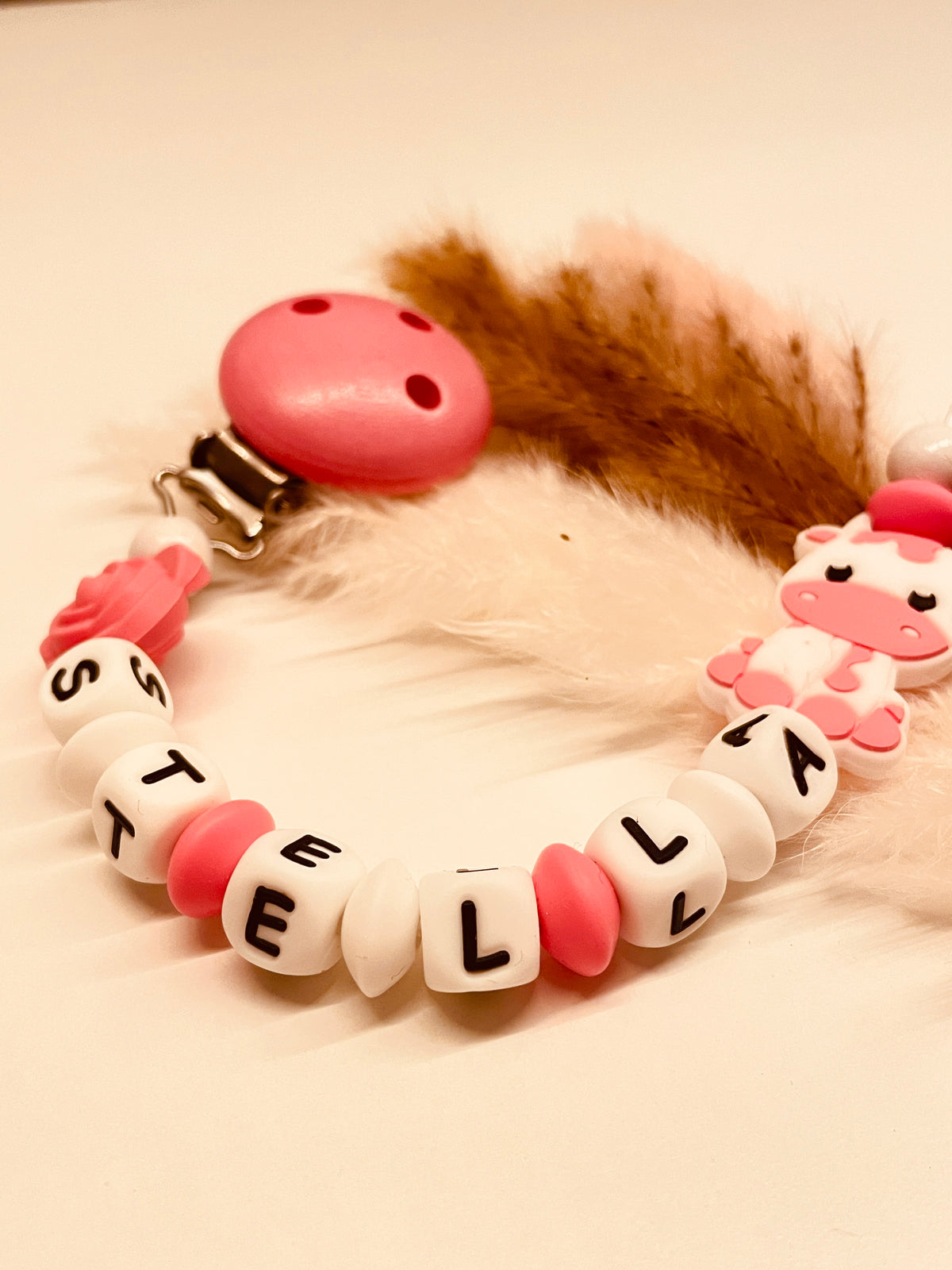 Schnullerkette Kuh Rose pink weiß Bauernhof Geschenk Baby personalisiert mit Namen