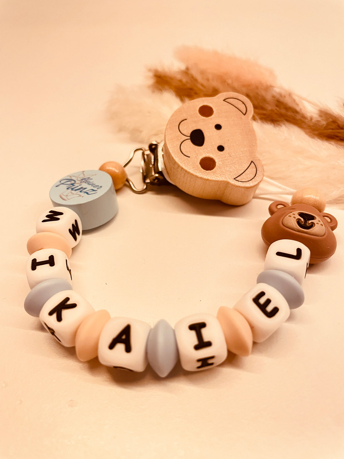 Schnullerkette Bär personalisiert blau/beige