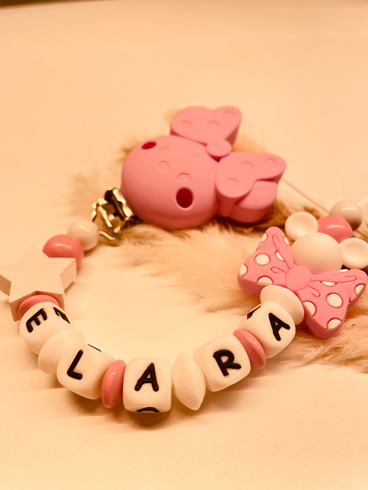 Schnullerkette rosa weiß Maus personalisiert